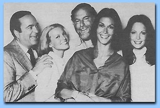 The cast of Charlie's Angels (after Farrah Fawcett left)  L to R: David Doyle, Cheryl Ladd, Leonard Goldberg, Kate Jackson and Jaclyn Smith -- from season 2 & 3 cast. 